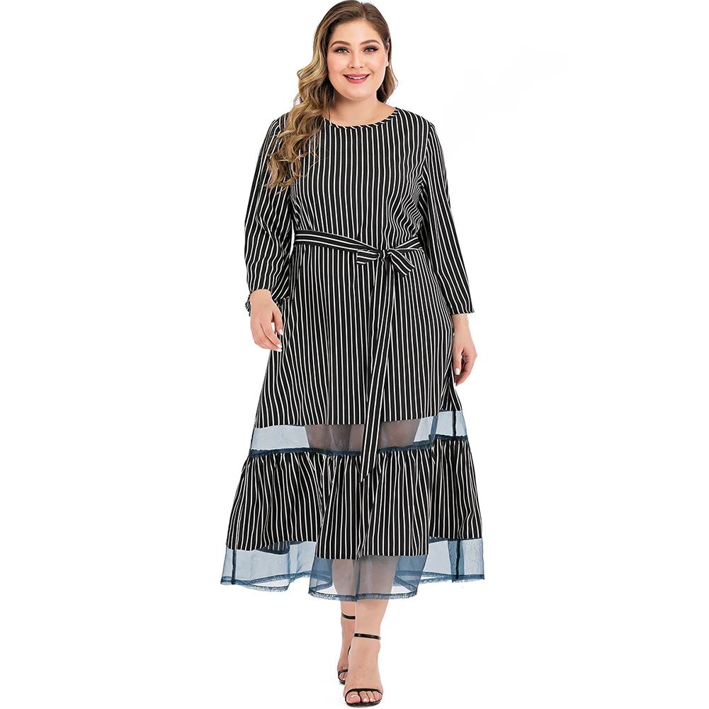 

FADZECO Autumn Women Plus Size Dress 2019 New Long Sleeve Stripe Women Maxi Dress Casual Loose Mesh Patchwork Party Dress