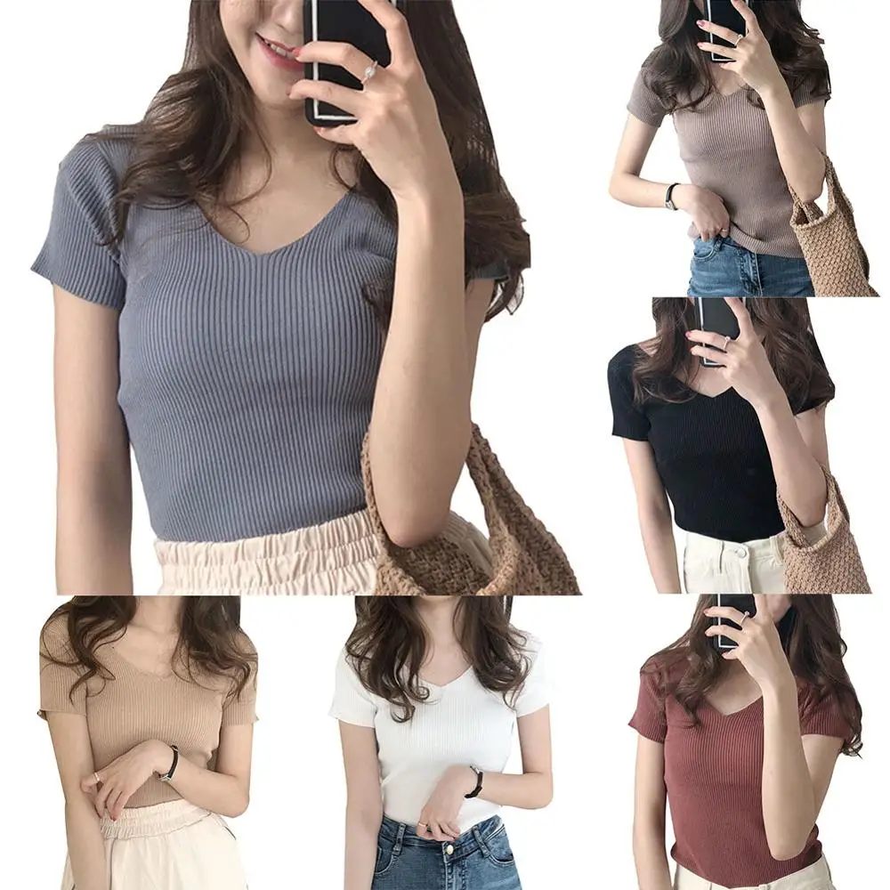 

Spring Autumn Women Elastic Solid Color V Neck Short Sleeve Knitted Top
