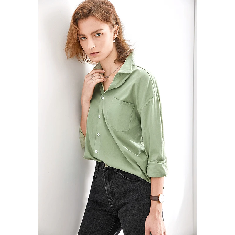 Amii минималистский осень Новая повседневная Минималистичная рубашка мужская Свободная тонкая рубашка однотонная блузка Джокера женщина - Цвет: Green