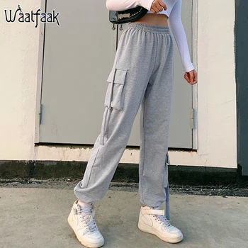 

Waatfaak Pockets Elastic Waist Sweatpants Female Full Length Gray Casual Joggers Women Outfit Spring Harem Pants Woman Fashion