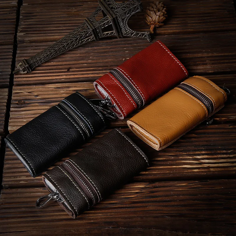 Genuine Leather Purse Zipper Key Wallets Women Key Holder Men Car Keys Bag Men's Case Casual Package Head Layer Cowhide key case key holder key organizer key purse