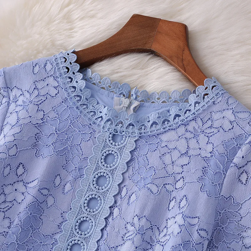 Новые Модные осенние платья для женщин элегантные длинные рукава полые крючком до середины икры Труба Кружева платье вечерние платья