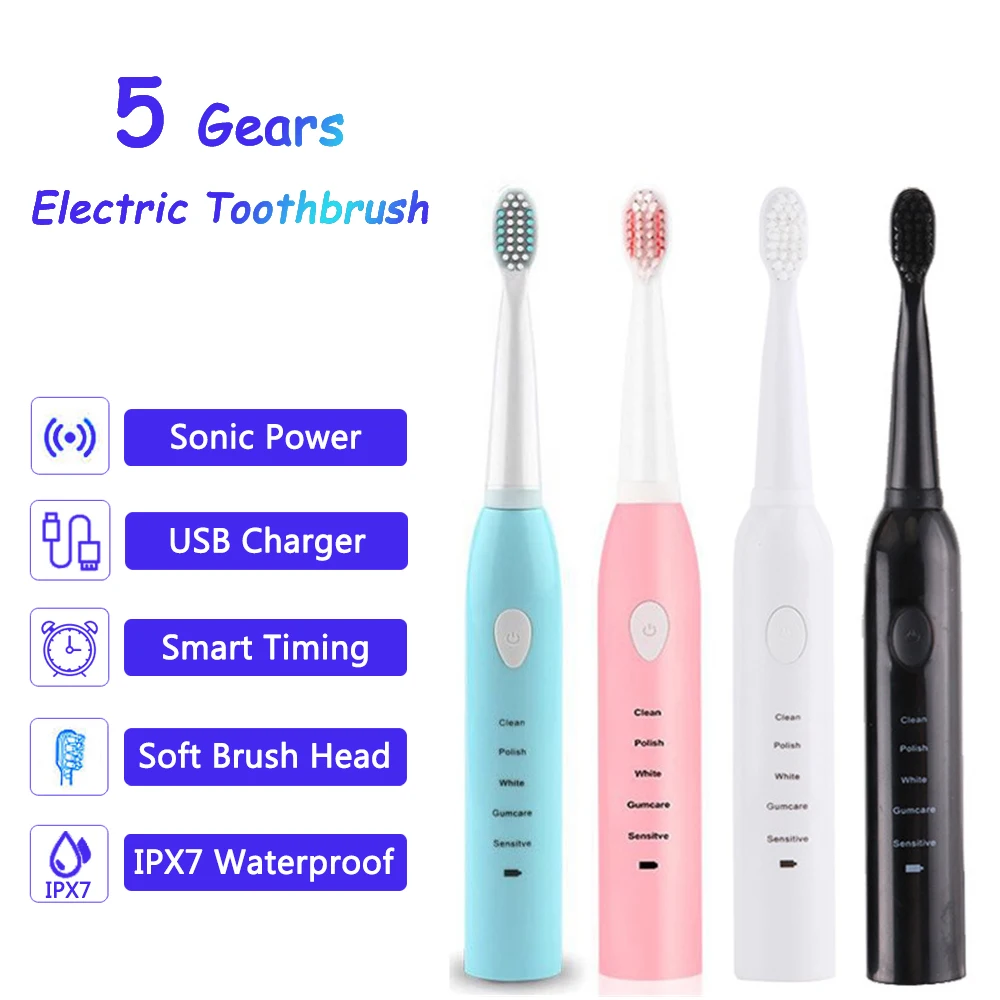 

Electric Toothbrush Ultrasonic Sonic Tooth Brush USB Rechargeable Toothbrushes 5 Mode Washable Electronic Whitening Teeth Brush