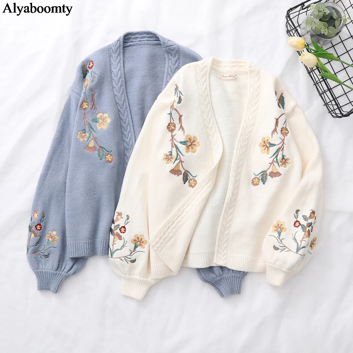 Japanese Mori Girl Autumn Winter Women Sweater V Neck Beige Blue