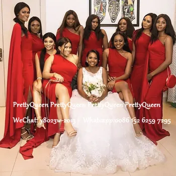 

Red One Shoulder Bridesmaid Dresses With Cap Ribbon 2020 Sexy Side Split Mermaid Wedding Party Dress Vestido De Noiva