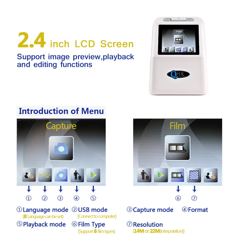 Portable 35mm Film Scanner Digital Film Converter with 22 Mega Pixels 110 135 126KPK Super 8 Negati