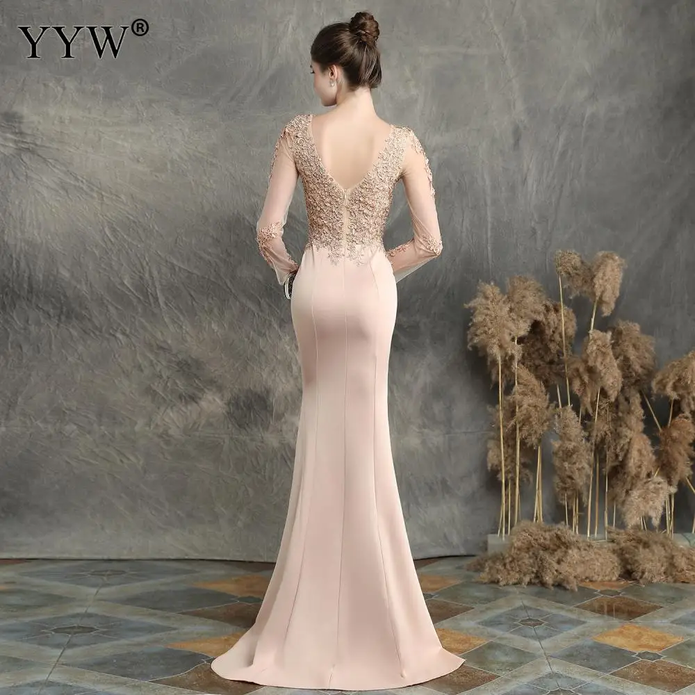 Women Evening Dress V Neck Applique Mesh Sleeve Sexy Robe De Soiree Backless Mermaid Elegant Long Party Dress Femme Formal Gowns