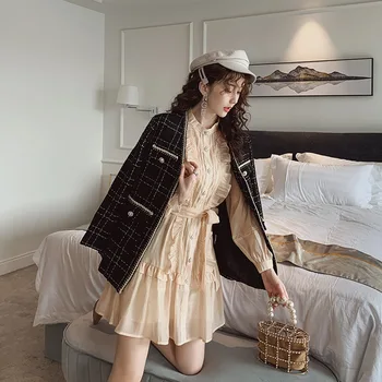 

Plus Size Winter 2020 Autumn Modis Elegant Singer Button Plaid Slim Long Tweed Woolen Outerwear Female Women's Wool Blends Coat
