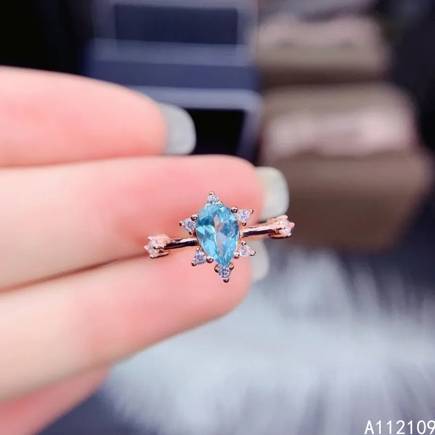 

Fine Jewelry 925 Sterling Silver Inset With Natural Gem Women's Luxury Noble Water Drop Apatite Adjustable Ring Support Detectio