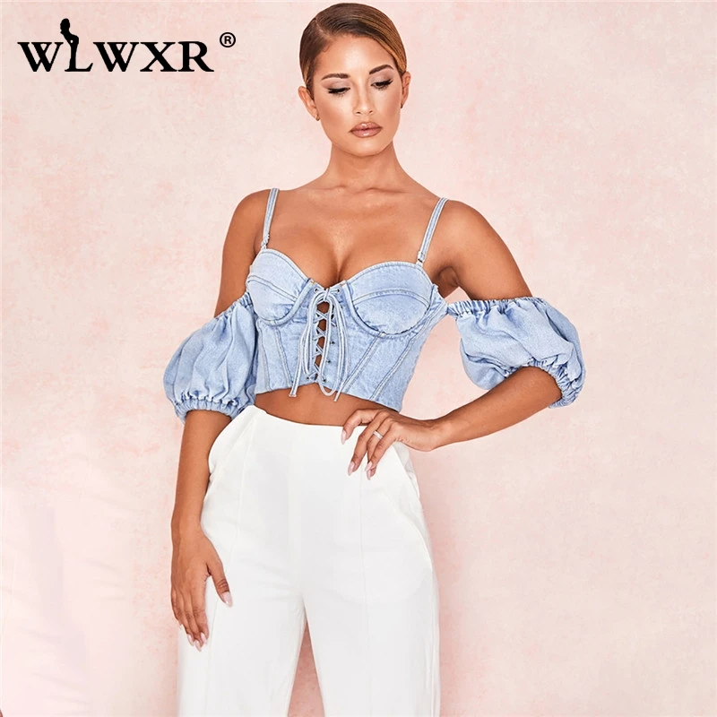 WLWXR джинсовый сексуальный облегающий укороченный Топ для женщин camis, с широкими линиями ремень джинсы для женщин топ на бретелях Женская молния открытая повязка летние топы