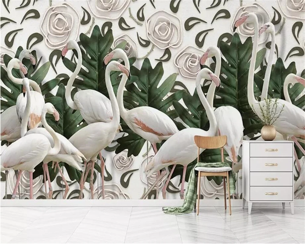 

Drop Shipping Custom 3d Wallpaper Mural Retro Embossed Rose Flamingo Turtle Back Leaf Background Wall 3d Wallpaper Papier Peint