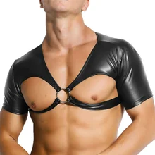Мужской нагрудный ремень из искусственной кожи Фетиш Связывание Белье укороченный топ Экзотический костюм бдсм гей с коротким рукавом вечерние клубная одежда размера плюс