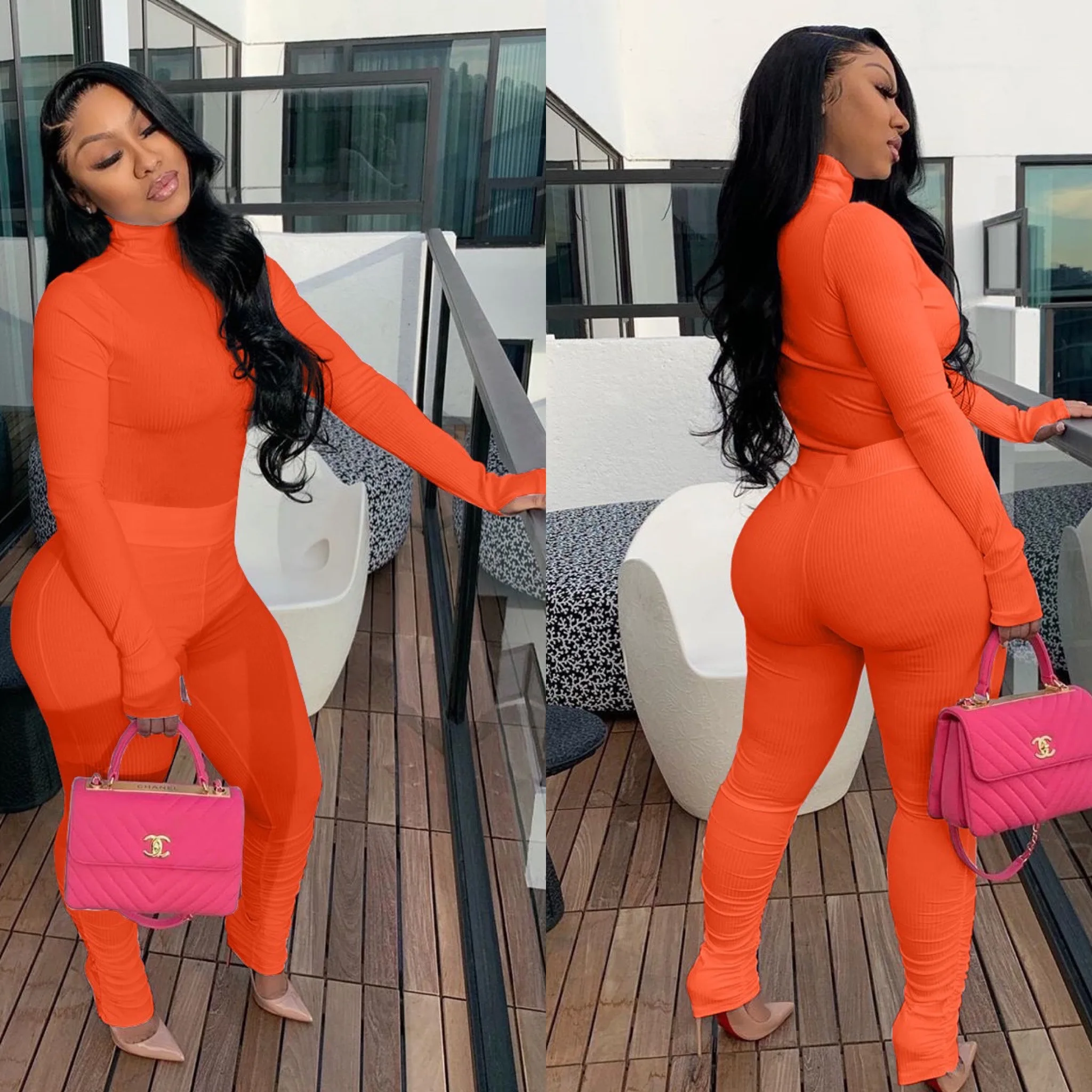 

2020 New Sexy Fall Winter Suit Set Solid Shirt Blouse Top And High Rise Long Stacking Pants Chic Office Lady Two pieces Set Suit