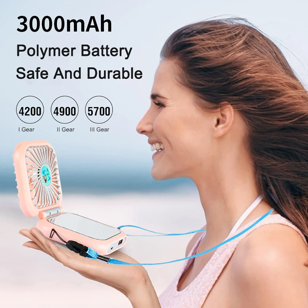 

3 in 1 Makeup Mirror Handheld Foldable Fans Portable Fan with Lanyard Power Bank Electric Adjustable Home Office Travel Outdoor