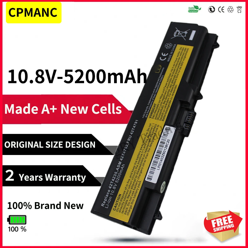 Células de Bateria 5200mah para Lenovo Thinkpad L410 L412 L420 L421 L510 L512 L520 Sl410 Sl510 T410 T410i T420 T510 T520 E525 Bateria