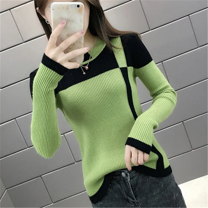 

Spring 2019 New Fashion color matching Knit Sweater Female Autumn Winter Korean O neck Pullover Slim Shirt Women XA211