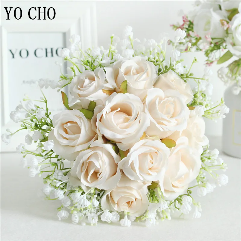 Wedding bouquets artificial rose flowers artificial gypsophila plants YO CHO Bouquet Bride Wedding Flower Bouquet Artificial Silk Rose Fake Babys Breath Pink Bridesmaid Hold Flower Wedding Supplies