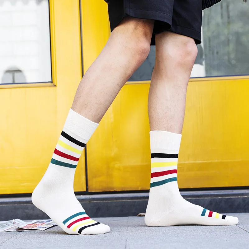 Хлопковые женские носки, Забавные милые Мультяшные Разноцветные полосатые носки со смайликом, носки для скейтборда в японском стиле Харадзюку