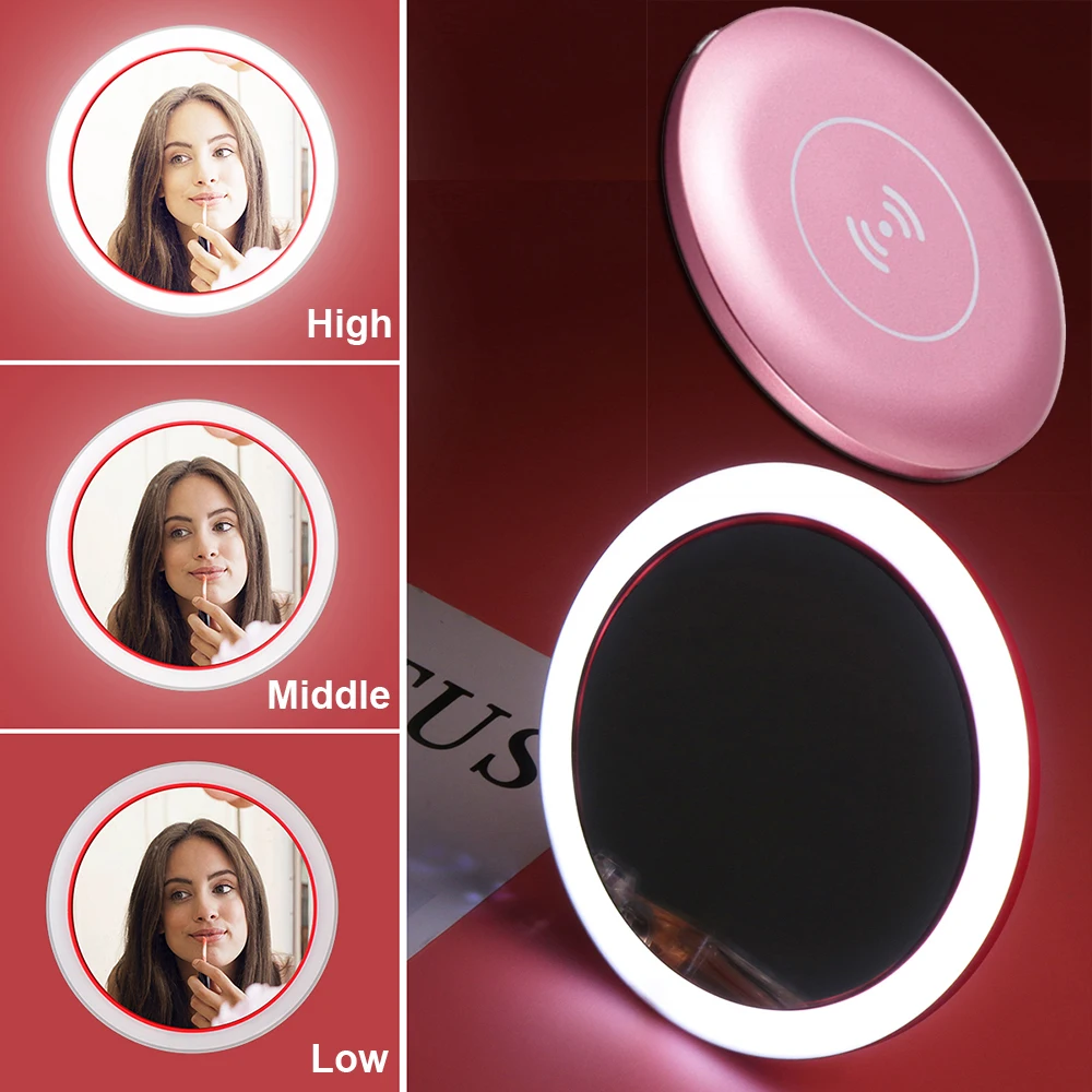

USB Wireless Charging Base Makeup Mirror Vanity LED Light Mini Portable Night Ring Lamp Lighted Cosmetic Hand Mirrors Tools