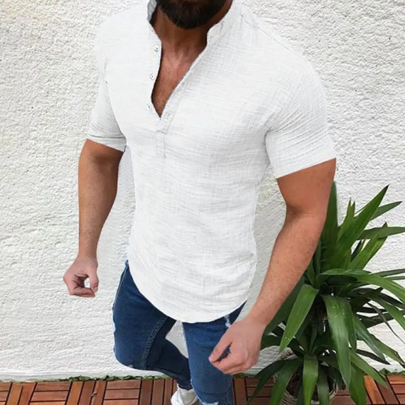 White Новые летние однотонные хлопковые льняные рубашки с короткими рукавами, повседневные топы со стоячим воротником, блузка, S-2XL, Camisas, модные повседневные рубашки - Цвет: White