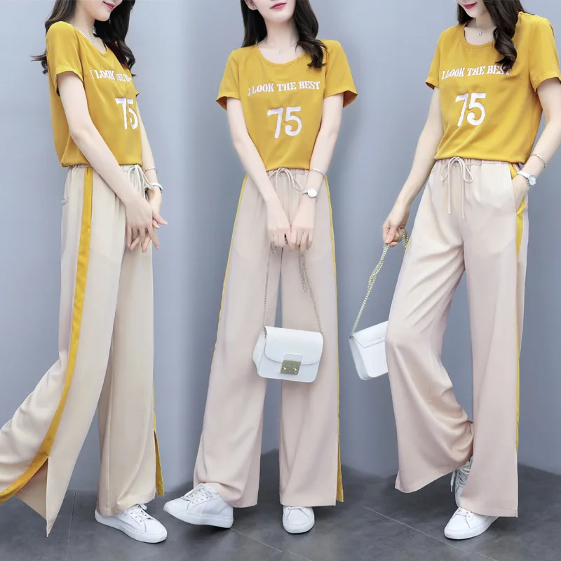 

2019 Summer New Style WOMEN'S Dress-Style Loose Pants Two-Piece Set Loose Slimming Casual Pants Chiffon T-shirt WOMEN'S Suit