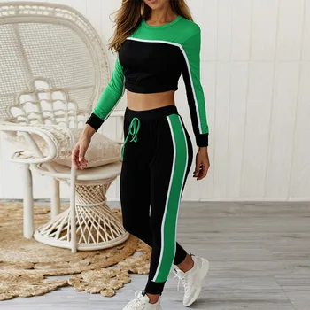 

Tracksuit For Women Autumn Winter Round Neck Stitching Contrast Color Long Seleve Short Shirt Long Sweatpants Two Piece Set!