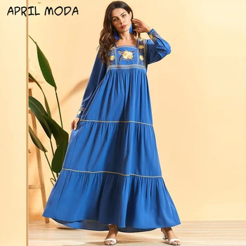

Fashion Plus Size Women Embroidery Pleated Bohemian Long Dress Arab Muslim Stitching Round Neck Loose Pleated Long Dresses 2020