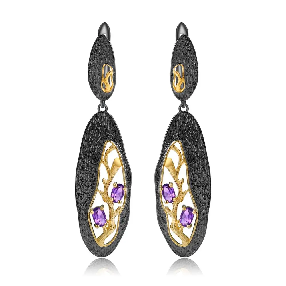 GEM'S балетные 925 пробы серебряные лепестки Цветочные висячие серьги 1.00Ct натуральный аметистовый драгоченный камень серьги для женщин ювелирные украшения