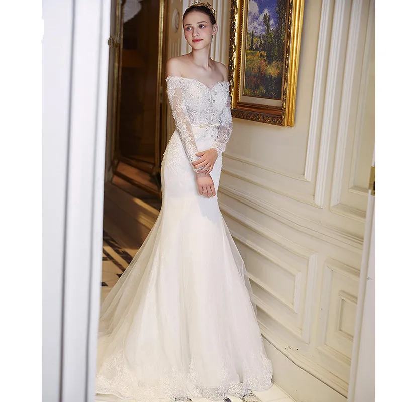 Aankomst Lange Mouwen Kant Mermaid 2018 Boothals Vestido De Noiva Handgemaakte Parels Kralen Bruidsjurk Moeder Van De Bruid jurken Aankomst Lange Mouwen Kant Mermaid 2018 Boothals Vestido De Noiva Handgemaakte Parels Kralen Bruidsjurk Moeder Van De Bruid jurken