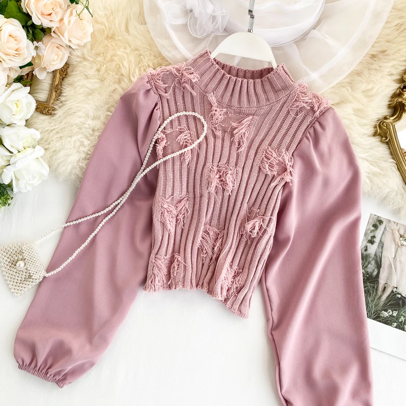 Neploe Autumn Fashion Slim Pull Jumpers Short Turtleneck Vintage Pullover Knitwear Lantern Sleeve Patchwork Knitted Tops 55529