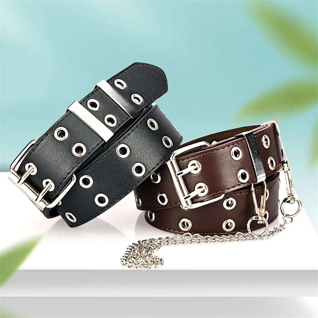 

New Hot Women Punk Chain Fashion Belt Adjustable Double Row Hole Eyelet Waistband with Eyelet Chain Decorative Belts