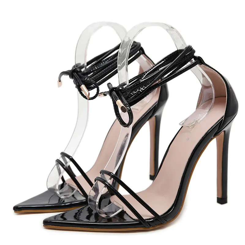 GENSHUO женская обувь; пикантные туфли на шпильках с острым носком и ремешками на лодыжке; свадебные туфли для вечеринки; zapatos mujer; туфли-лодочки - Цвет: Черный