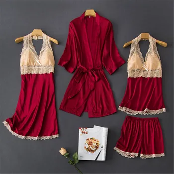 

Bride Bridesmaid Wedding Gown Lace Female 5PCS Sleep Set Lady Sleepwear Summer Sexy Satin Robe Set Kimono Bathrobe Gown Negligee