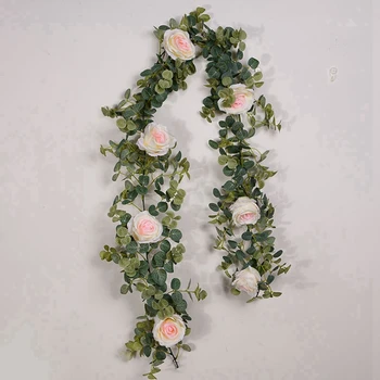 

1Pcs 2M Silk Vines Artificial Eucalyptus Garland Rattan & 1Pcs 1.8M Artificial Pink Core White Petals Roses Flower Vine