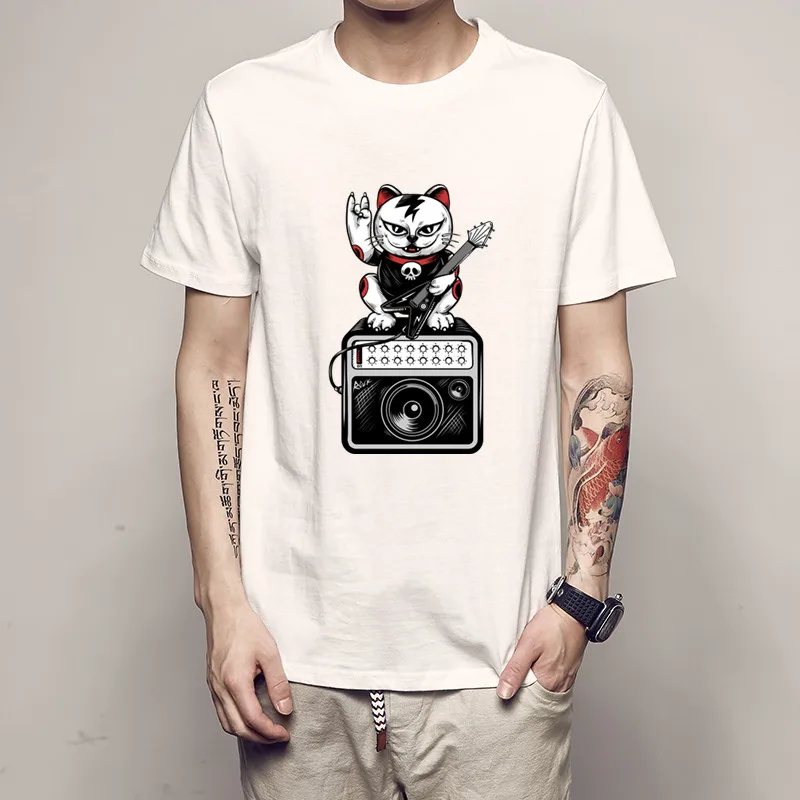 Мужская одежда модная футболка с коротким рукавом в стиле хип хоп Lets Rock Cat