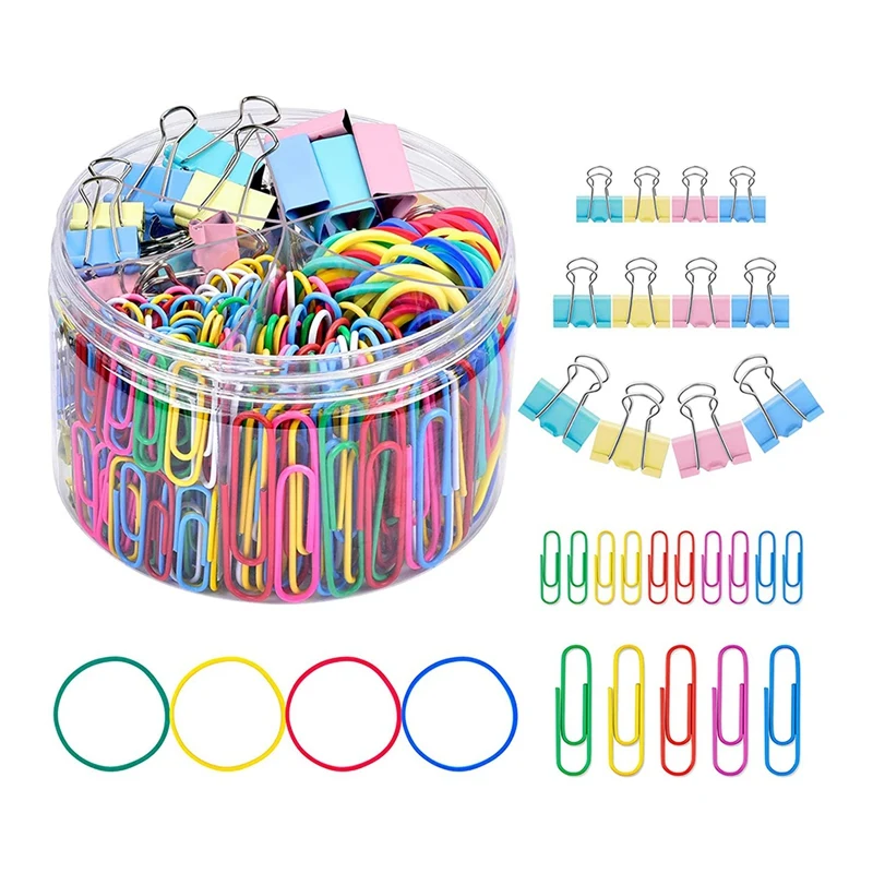 240Pcs Paper Clips Binder Colored Office Set -Assorted Sizes Paperclips Clamps Rubber Bands for |