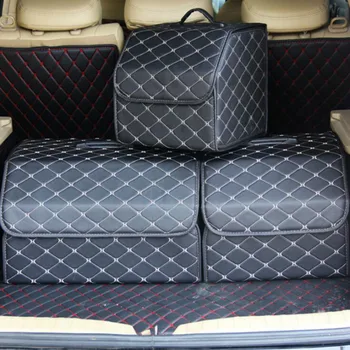 

Car Trunk Storage Bag Organizer with Lid Portable Car Storage Stowing Tidying PU Leather Auto Trunk Box Organizer