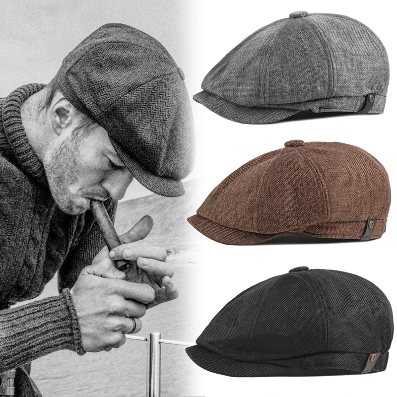 

Vintage Men Beret Newsboy Hats Classic Western Newsboy Caps Cotton Blend Beret Hat Flat Brim Adjustable Men Spring Berets Cap