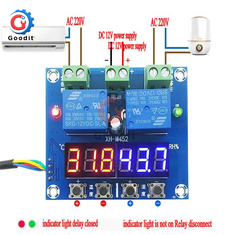 XH-M452 термостат Температура Влажность контрольный термометр контроллер гигрометра модуль DC 12 В светодиодный цифровой дисплей двойной выход