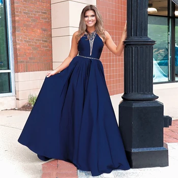 

Navy Blue Exquisite Craft Heavy Hand Beading Sleeveless A Line Elegant Evening Dress Long Prom Gown