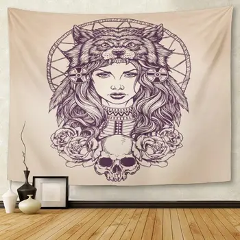 

Red Tattoo American Girl Wolf Headdress Lineart Indian Tapestry Wall Hanging for Living Room Bedroom Dorm 50x60 inches