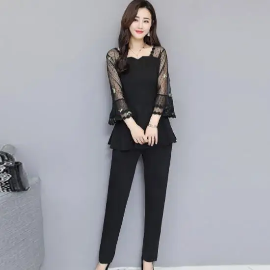 Летние черные комплекты из двух предметов Для женщин вышивка размера плюс с