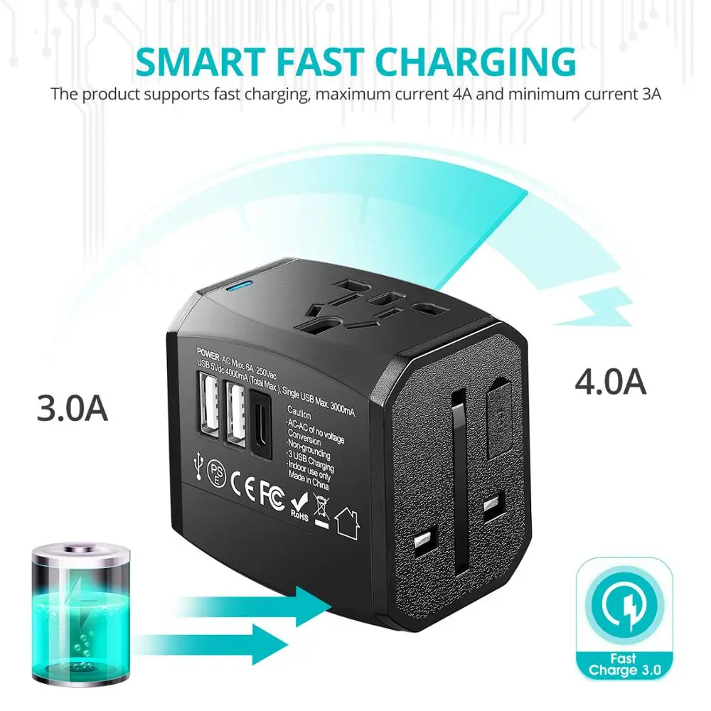 Универсальный адаптер для путешествий одно международное настенное зарядное устройство адаптер переменного тока с 4.0A умная Зарядка 2 USB+ 1 type-C зарядное устройство для телефона