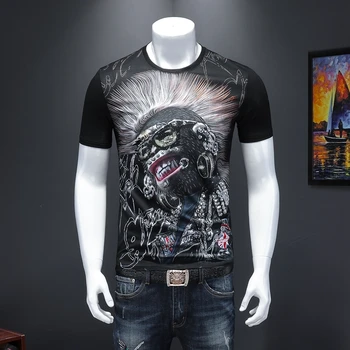 

2020 Spring Animal Print Short Sleeve T Shirt Fashion Korean Camiseta Hombre Club Party Cloth Homme Hombre Manga Short Tee Male