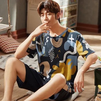 

Cotton Men Pajamas Sets printing Leisure Nightgown Cozy Homewear Short Sleeve round Neck Tops Shorts Sleepwear Sets