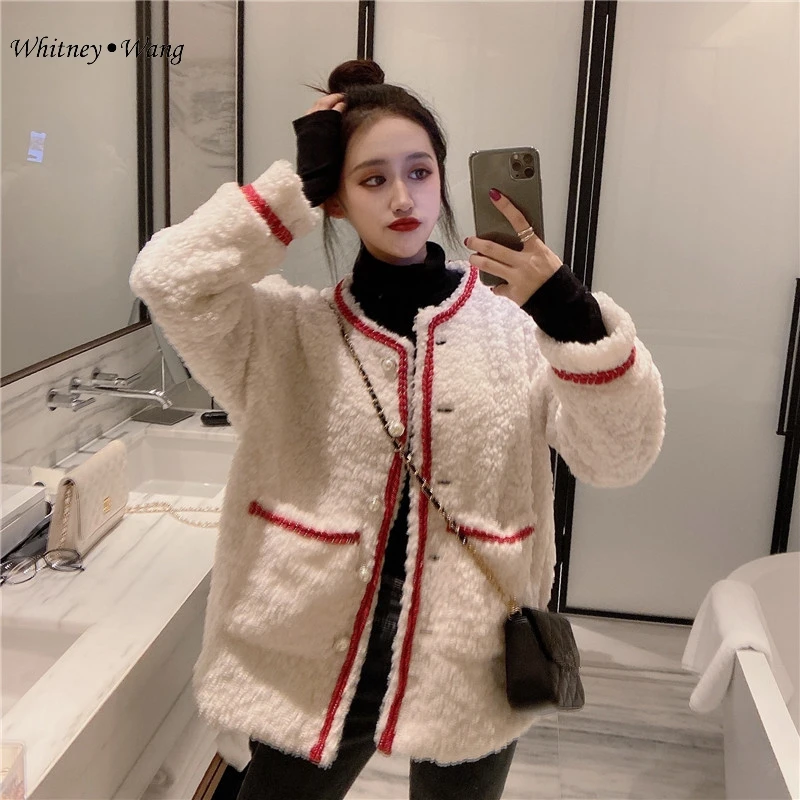 WHITNEY WANG осенне-зимняя модная уличная одежда, цветное контрастное пальто из искусственной овечьей шерсти, женская верхняя одежда, парка fourrure femme