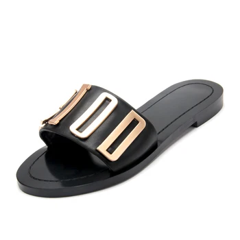 

designer leather flat sandals 2020 summer shoes women metal slides Correct letter fashion luxury shoes slippers brand logo