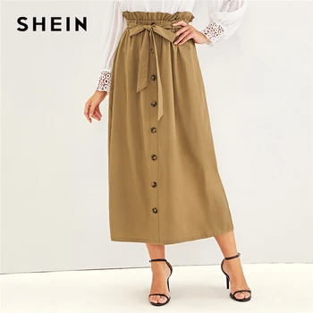 

SHEIN Abaya Camel Paperbag Waist Single Breasted Belted Skirts Womens Summer Autumn High Waist Solid Flared A Line Long Skirt