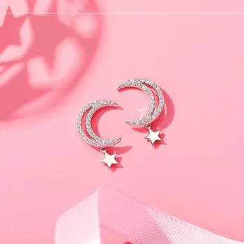 

Drop Shipping Fashion 925 Sterling Silver Rhinestone Star Moon Stud Earrings Brincos For Christmas Gifts Girl's Friend Jewelry