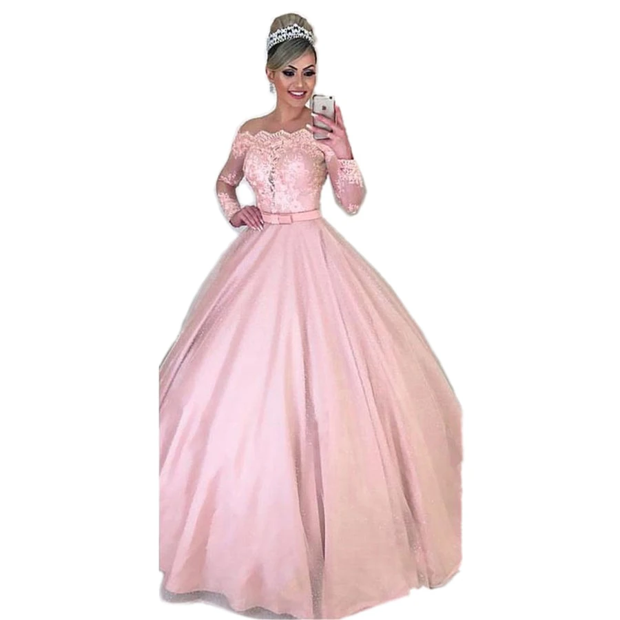 Unique Tulle Off-the-shoulder Neckline 2 In 1 Wedding Dresses Long Sleeves & Bowknot & Detachable Skirt Pink Bridal Dress (2)_conew1
